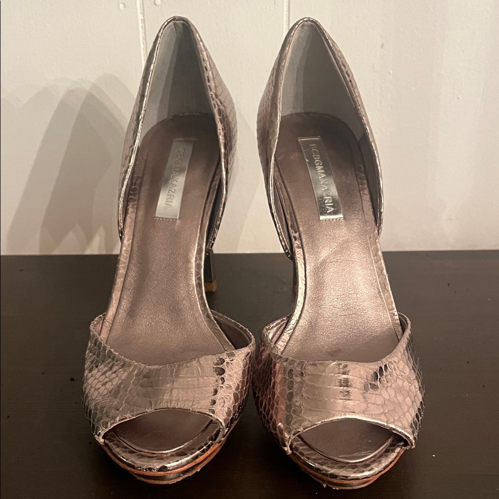 BCBGMaxAzria Metallic Rose Gold Peep-Toe Heels